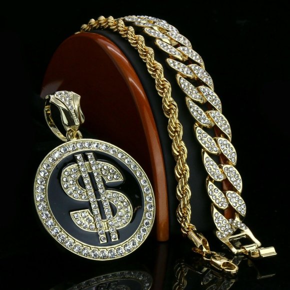 14k Gold Money 20" Cuban Chain and Rope + Pendant